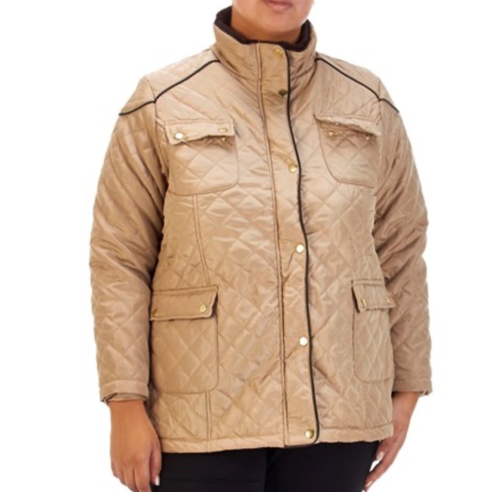 Quilted Faux Fur Trim Plus Size Coat 2X